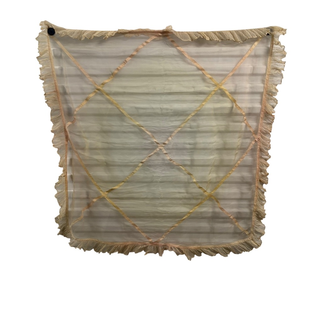 Vintage Sheer Organza Ruffled Tablecloth Peach Ribbon‎ Diamond Overlay 35x35